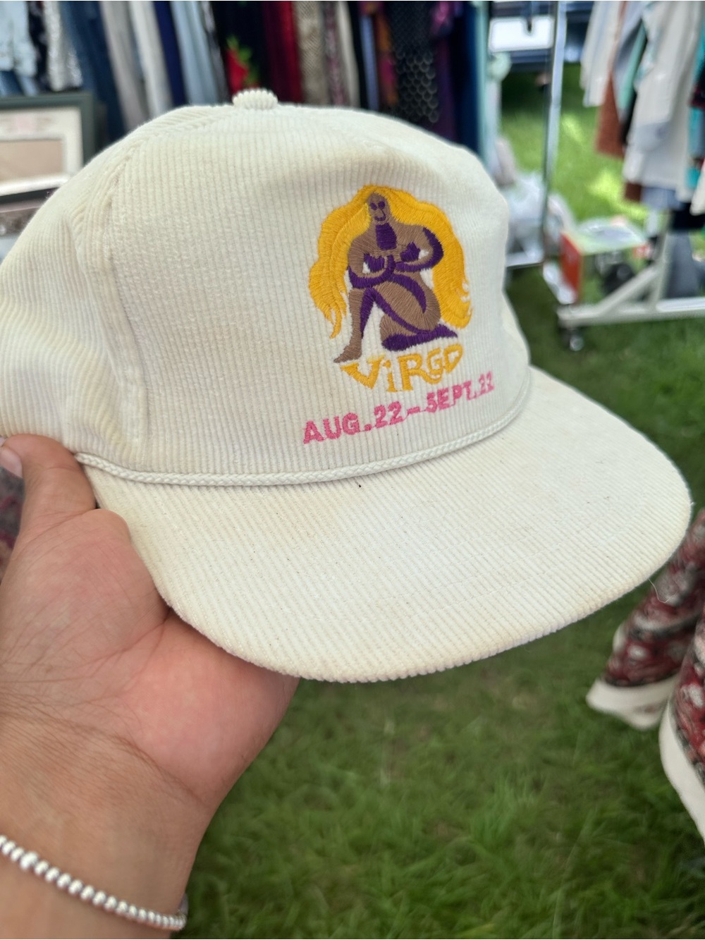 Virgo Embroidered Zodiac Corduroy Cap in Off-White
